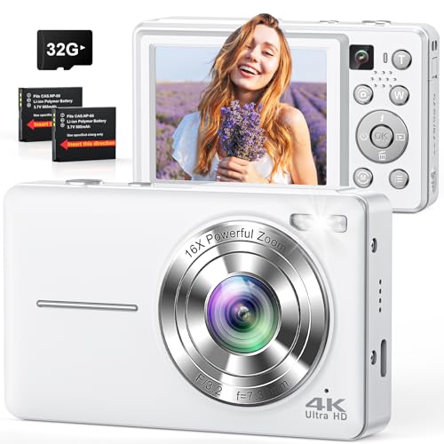 CAMKORY 4K Digital Camera Point and Shoot with Selfie Lens and 32G Card, White