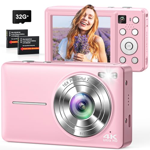 CAMKORY 4K Digital Camera with Selfie Lens 64MP Vlogging Camera 32GB Card Pink