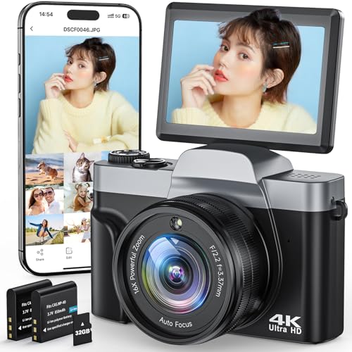 Camkory 4K Digital Camera for Photography and Video, 64MP Vlogging Camera with WiFi, 180° Flip Screen, Auto Focus, 16X Zoom, Anti-Shake, Webcam, Compact Camera for YouTube, Travel, Beginners